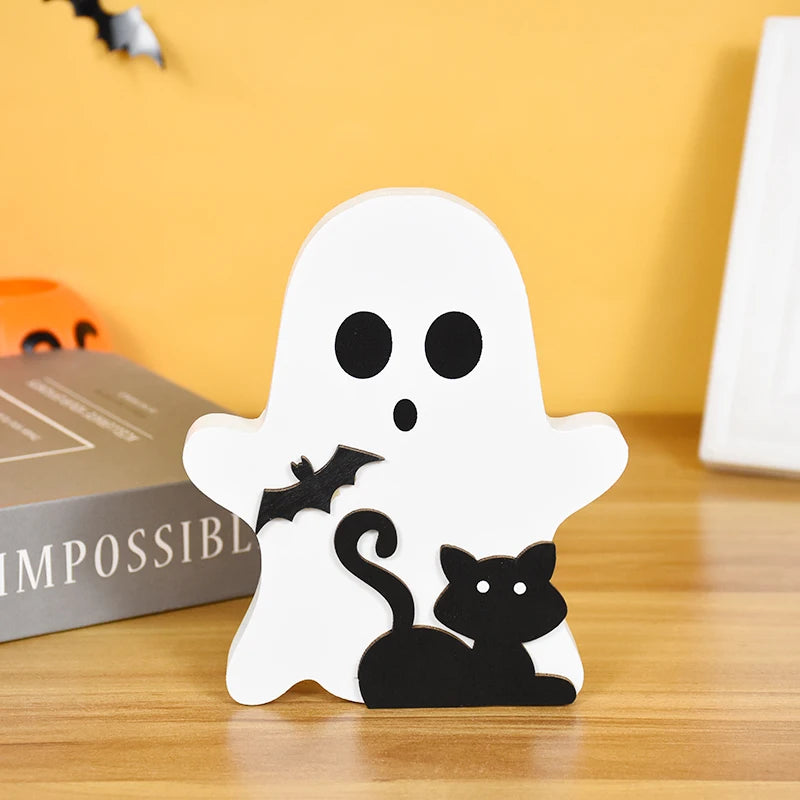 Obbty 3pcs Halloween Wooden Ornament Lovely Ghost Hat Spider Broom Desk Mini Ornaments Halloween Party Wooden Crafts Decor Home Supply