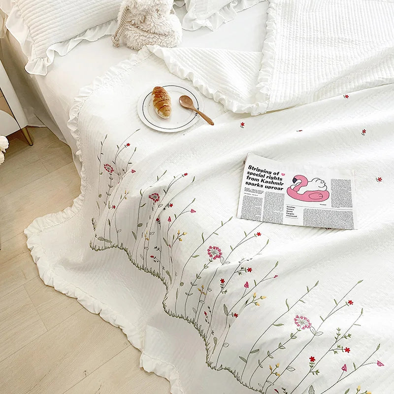 Obbty Ruffles Flowers Embroidery Summer Quilt 1/3/4 Pcs Set Princess Quilted Bedspread Air-conditioning Blanket Comforter Bedding Set