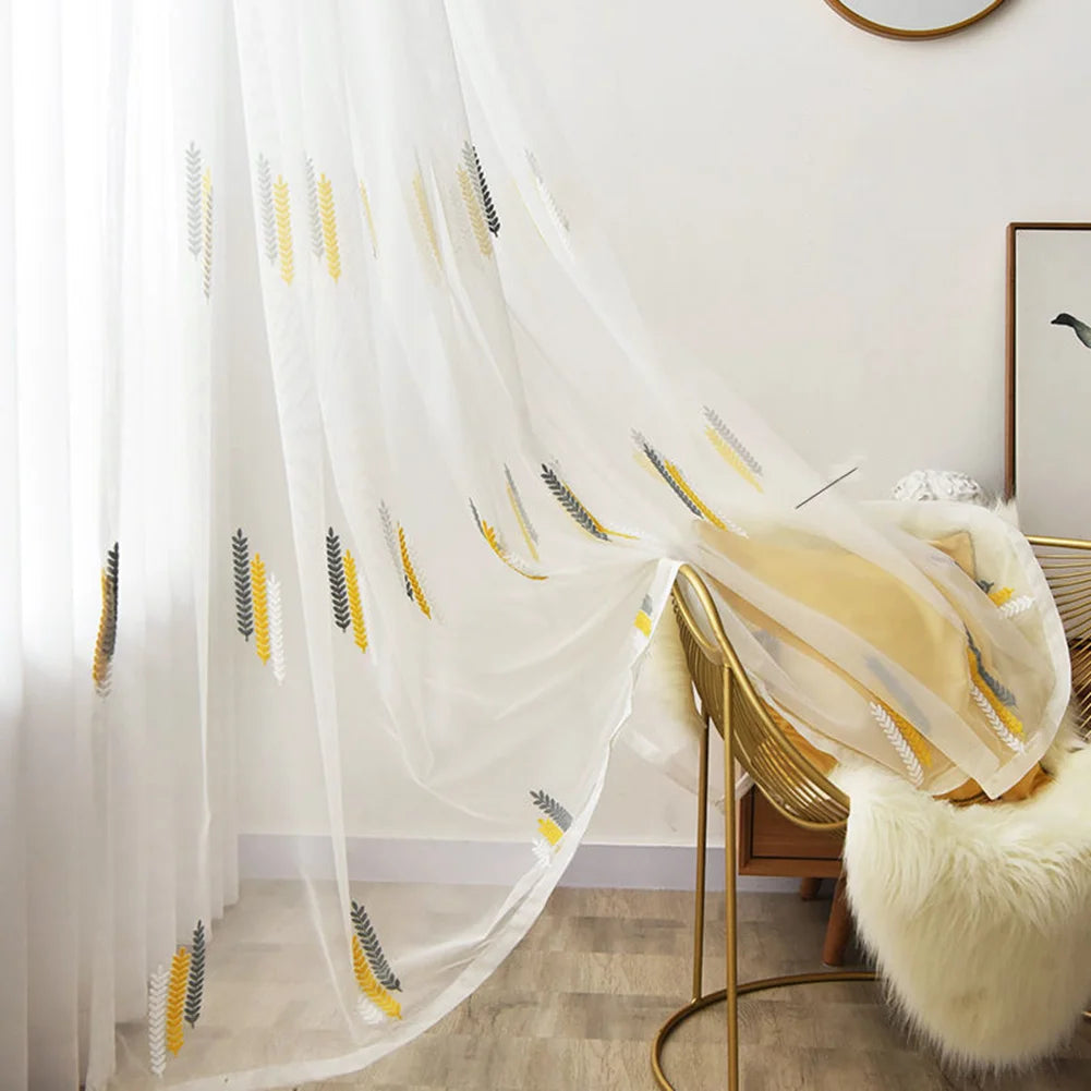 Obbty Ear of Wheat/Twin Leaves Voile Transparent Embroidered Curtains,Modern Simple Decorative Curtain(Yellow/Blue/Pink/Gray)