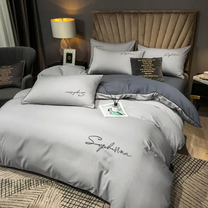 Obbty High End Skin Friendly Bedding Set Queen Luxury Embroidery Duvet Cover Set with Flat Sheet Simple Durable King Size Bedding Sets