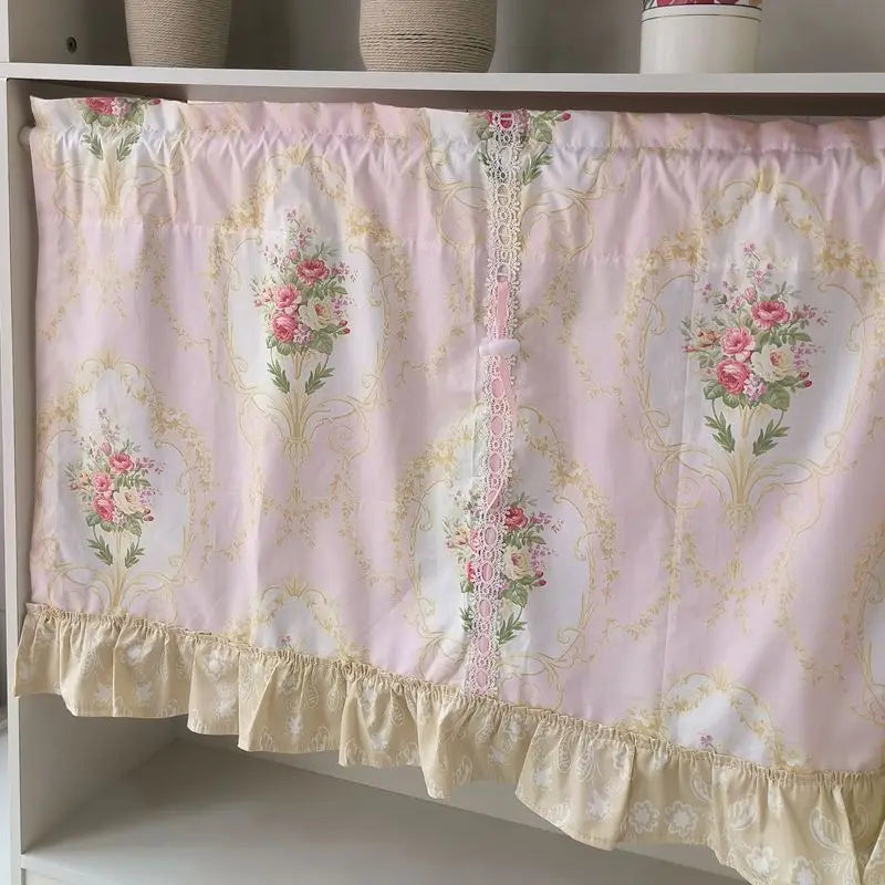 Obbty Wave Pink Embroidered Flowers Window Valance Living Room Elegant Lace Curtain Valance Lace Tape Short Curtains Kitchen