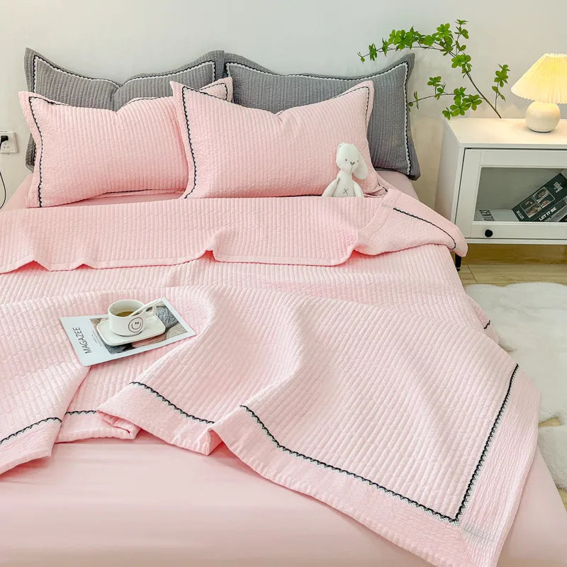 Obbty Korean Style Quilting Summer Comforter Bedding Sets Princess Bubble Yarn Quilted Quilt for Summer Skin-friendly Double Blanket