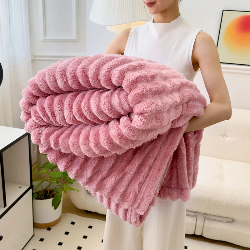 Obbty Soft Fluffy Wide Striped Blankets for Beds Air Conditioner Plush Throw Blanket Winter Bed Linen Sofa Cover Bedspread Blankets