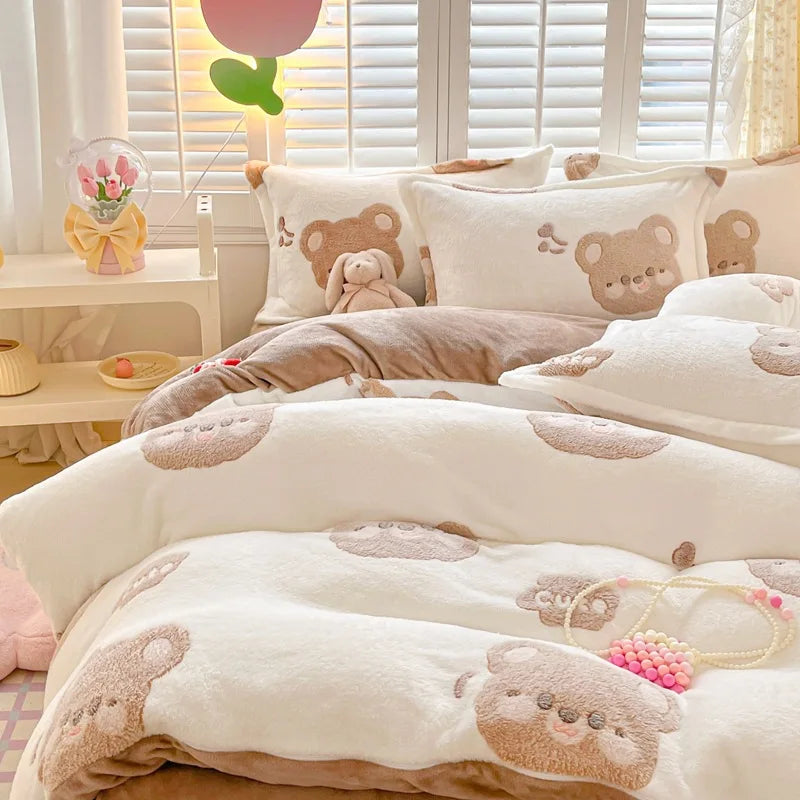 Obbty Winter Thick Warm Plush Comforter Cover Queen Bedding Sets Cartoon Quilt Cover Bed Sheet Pillowcase 4pcs Luxury Bed Linens