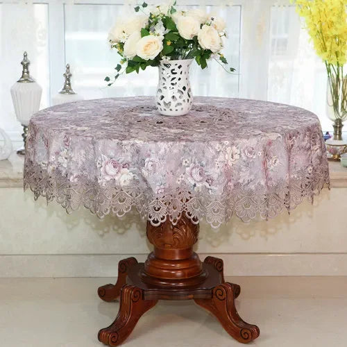 Obbty New Lace Tablecloth Pastoral Round Tablecloth Dining Table Cloths Home Embroidery Table Cover Rose Gold Decoration House Towel