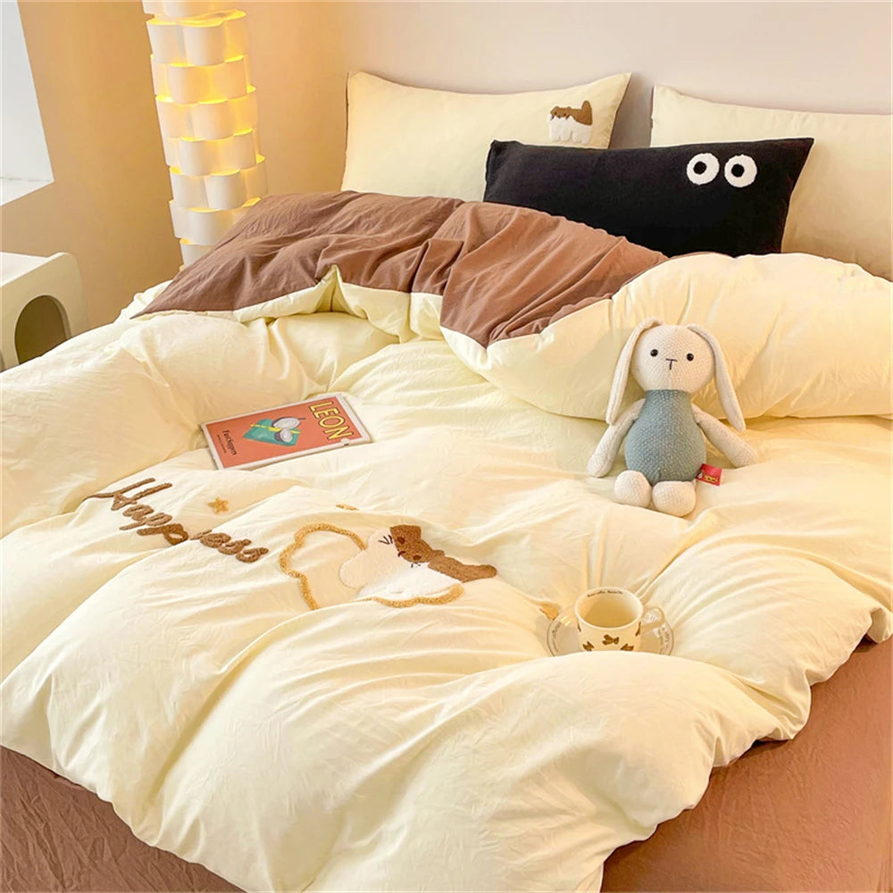 Obbty Cute Cartoon Duvet Cover Set with Sheet Pillowcase Four-Piece Set Solid Color Bed Linen Full Queen Size Home Textile Bedding Set