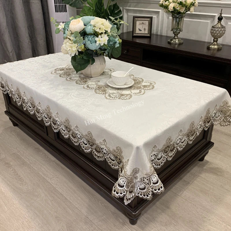 Obbty Rectangle Tablecloth Luxury Embroidery Lace Table Cover Flower Elegant Hollow Out Table Cloth Towels Dining table decoration