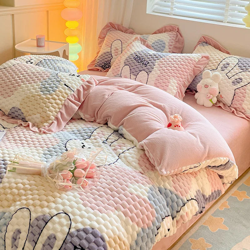 Obbty Winter Cartoon Plush Warm Duvet Cover Set with Sheet Pillowcase 4pcs Bedding Set Home Textiles Luxury Queen Size Bed Linens Set