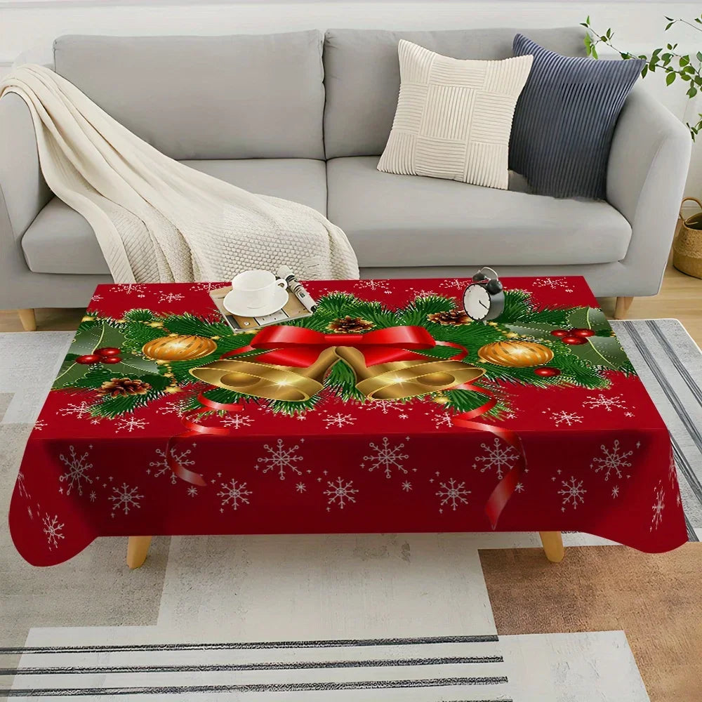 Obbty Christmas Festive Bells and Holly Rectangle Tablecloth Holiday Party Decor Waterproof Tablecloth for Table Christmas Decorations