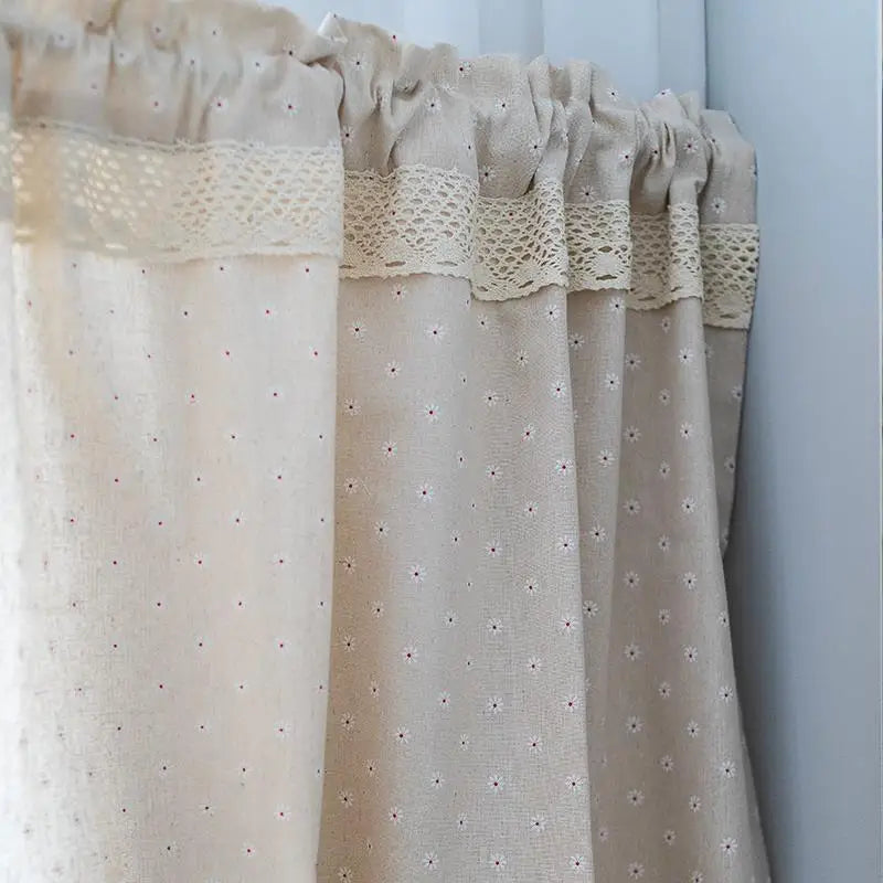 Obbty Korean Daisy Linen Flowers Short Curtains for Kitchen Linen Lace Half Curtain for Roman Window Door