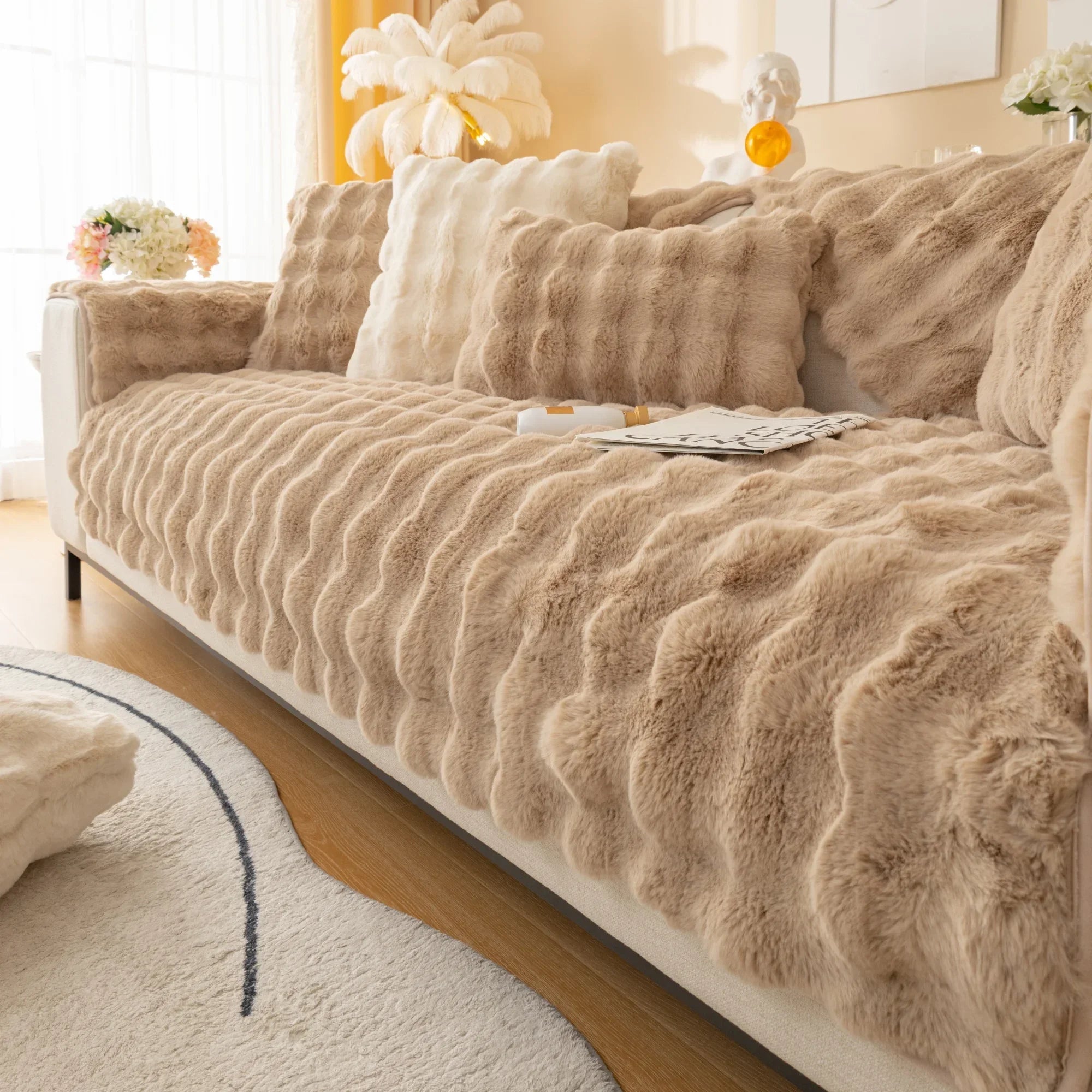 Obbty Thicken Imitation Rabbit Fur Plush Sofa Slipcover Non-slip  Soft Sofa Towel Couch Cushion for Living Room Modern Home Decor