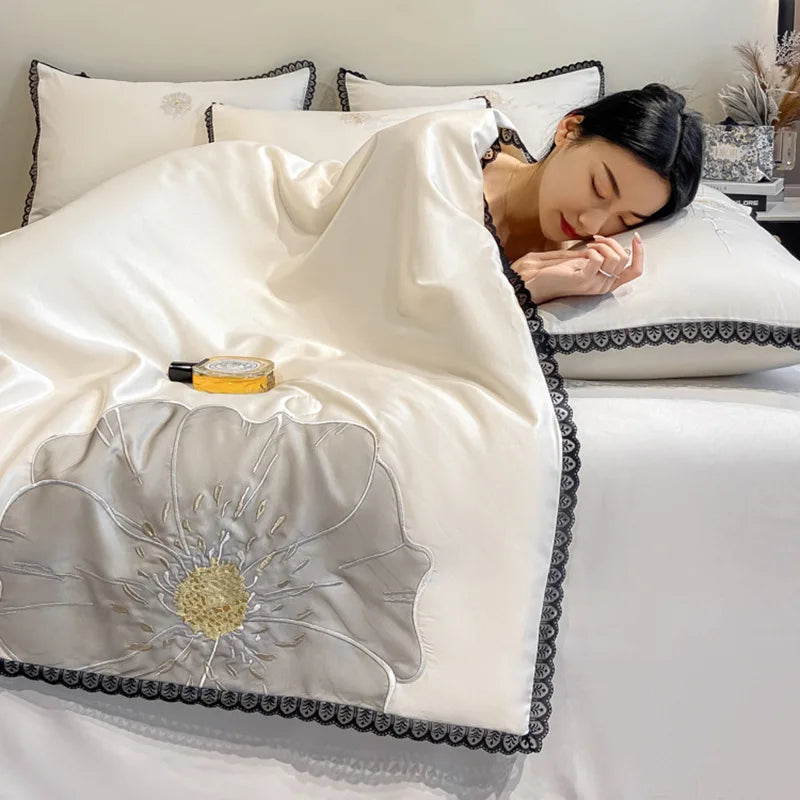 Obbty Luxury Applique Embroidery Summer Quilt 4 Pcs Set or Single Quilts Silky Breathable Queen Duvet Soft Thin Comforter Bedding Set