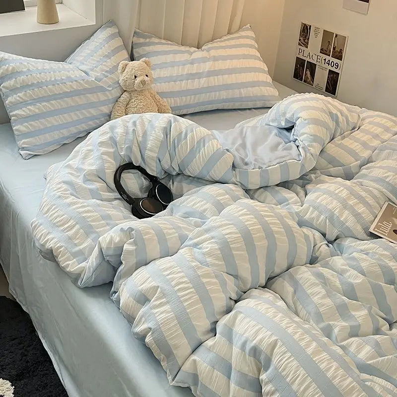 Obbty Bedding Set, Checkered Bubble Wash Cotton Quilt Set, Four Pieces, Ins Korean High Quality Bedding Sheet Set, Dormitory 3 Pcs