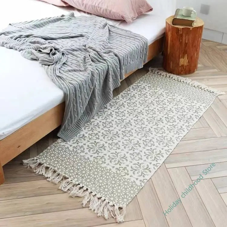 Obbty Luxurious Bohemian Style Cotton Linen Soft Carpet Handmade Tassel Carpet Living Room Bedside Mat