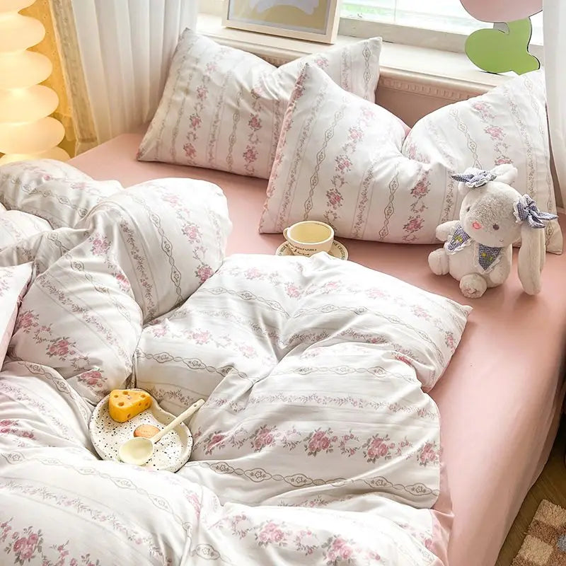 Obbty Rural Style Bedding Set Fresh Floral Four Piece Set  Girl Heart  Double-layer Gauze   New Meeting Duvet Cover