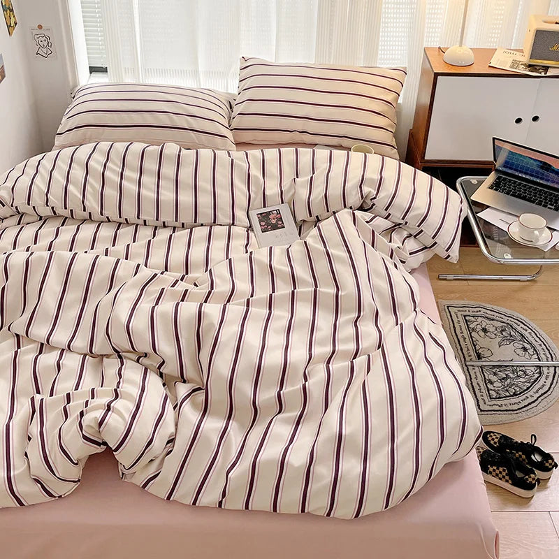 Obbty INS Stripe Series Printed Soft Bedding Set Duvet Cover Bedclothes Bedspread Pillowcases Flat Sheets Comforter Sets for Girls