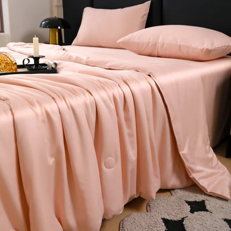 Obbty Silk Summer Cool Quilt   New Washed Air Conditioning Quilt Ice Silk Summer Quilt Four Piece Bed Sheet and Comforter Blanket