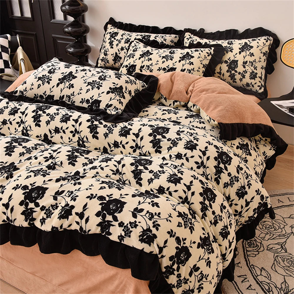 Obbty Luxury Winter Warm Milk Velvet Bedding Set Thickened French Retro Princess Double-Sided Coral Velvet Four Piece Sets Black Lace