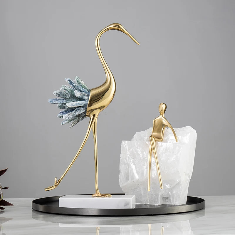 Obbty Crystal Swan Brass Body Luxury Crafts Home Living Room House Bedroom Interior Accessories Nordic High-end Animal Art Decorations