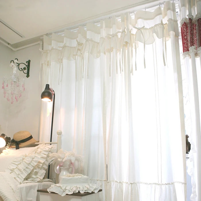 Obbty Light Flittering Curtains for Girl's Bedroom, Korean Princess, Elegant, Cream White, Drapes with Ruffles, 100% Cotton