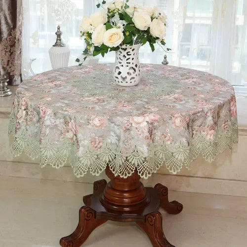 Obbty New Lace Tablecloth Pastoral Round Tablecloth Dining Table Cloths Home Embroidery Table Cover Rose Gold Decoration House Towel