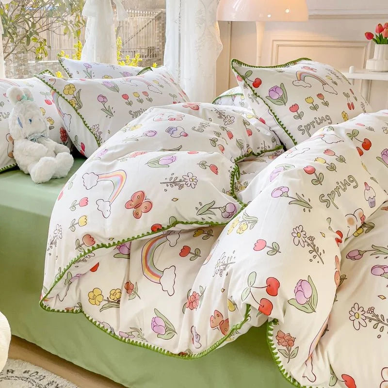 Obbty Pastoral Girls Flower Bedding Sets, Washed Cotton Bed Linens, Soft Quilt Cover Sheet Set, Simple Bedspread, Home Textiles