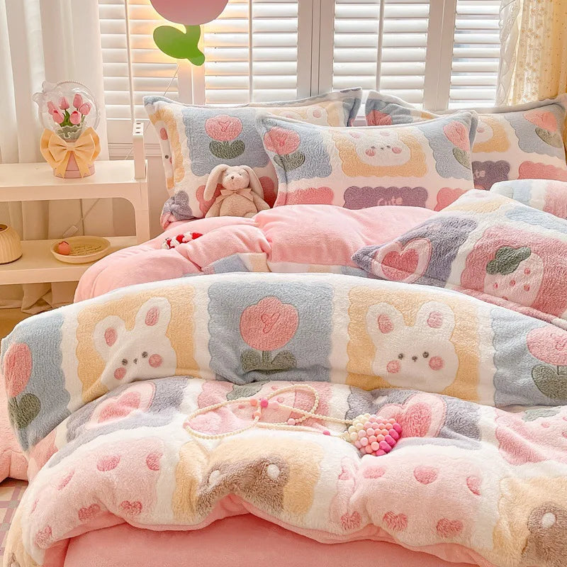 Obbty Winter Thick Warm Plush Comforter Cover Queen Bedding Sets Cartoon Quilt Cover Bed Sheet Pillowcase 4pcs Luxury Bed Linens