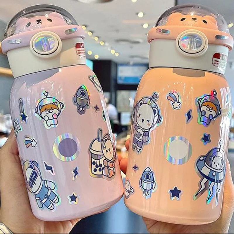 Obbty 500ml Cute Thermal Water Bottle for Children Thermos Mug with Straw and Bottle Cover Stainless Steel Insulated Cup Drinkware