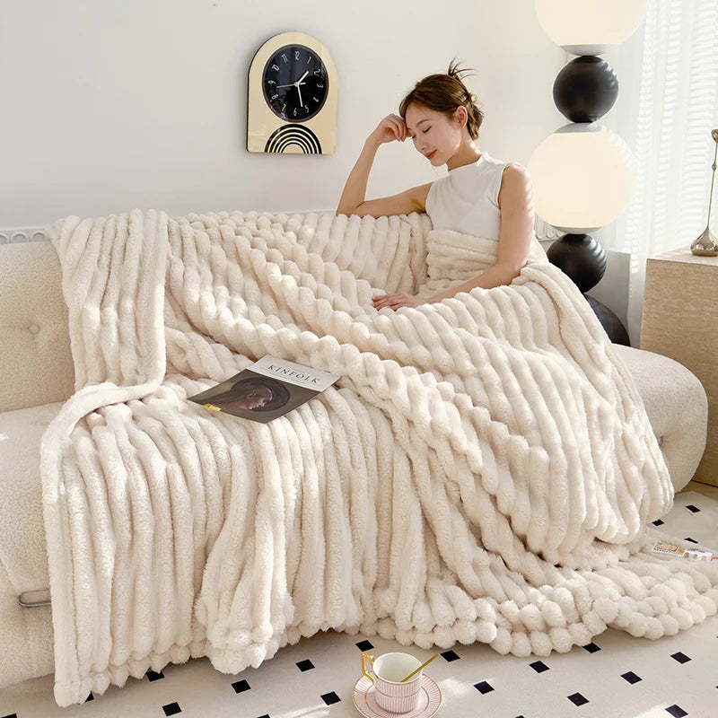 Obbty Soft Fluffy Wide Striped Blankets for Beds Air Conditioner Plush Throw Blanket Winter Bed Linen Sofa Cover Bedspread Blankets