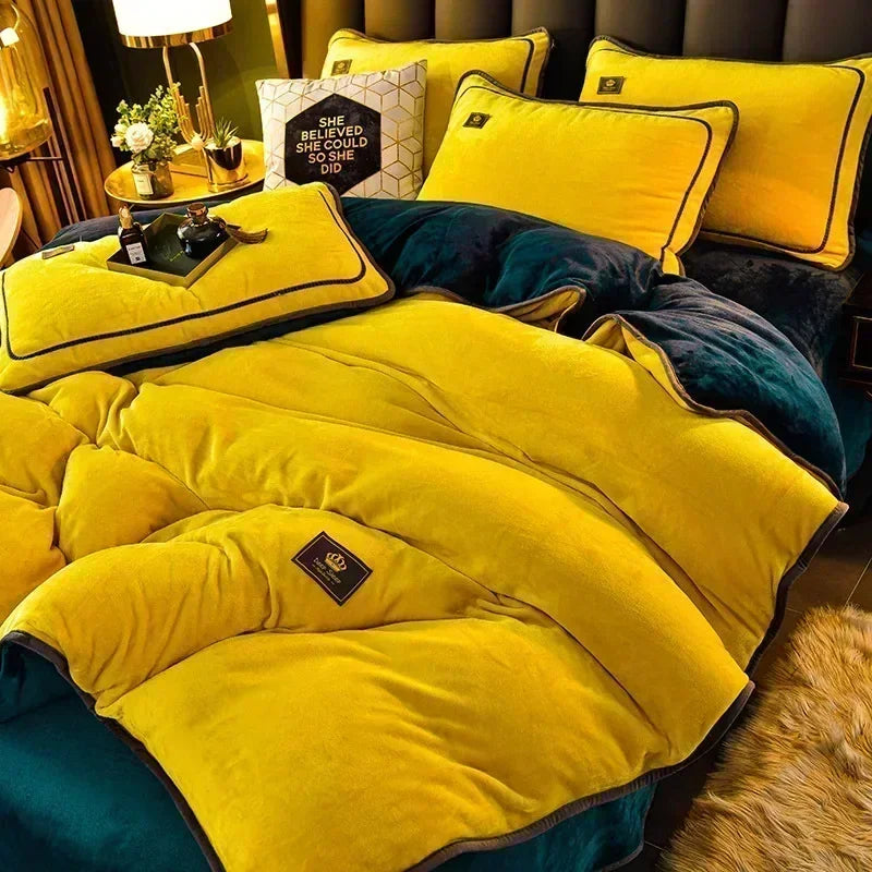 Obbty Luxury Milk Velvet Ultra-thick Warm Bedding Set for Winter Warmth Skin-friendly Duvet Cover Set King Antistatic Quilt Cover Sets