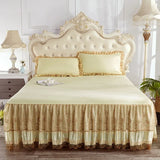 Obbty Princess Style Ruffles Fitted Bed Sheet Set Luxury Pleated Lace Edge Bed Linen Set High End Embroidery Bedsheet with Bed Skirt