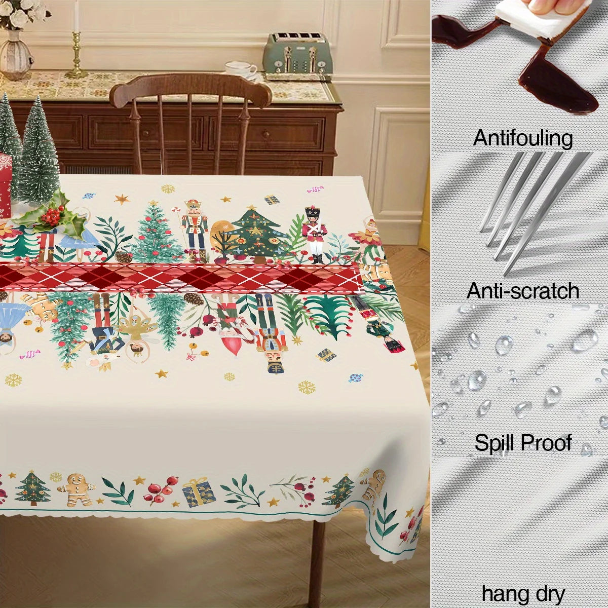 Obbty Christmas Nutcracker Holly Waterproof Tablecloth Holiday Party Decor Reusable Xmas Rectangle Table Cloth Dining Room Table Decor