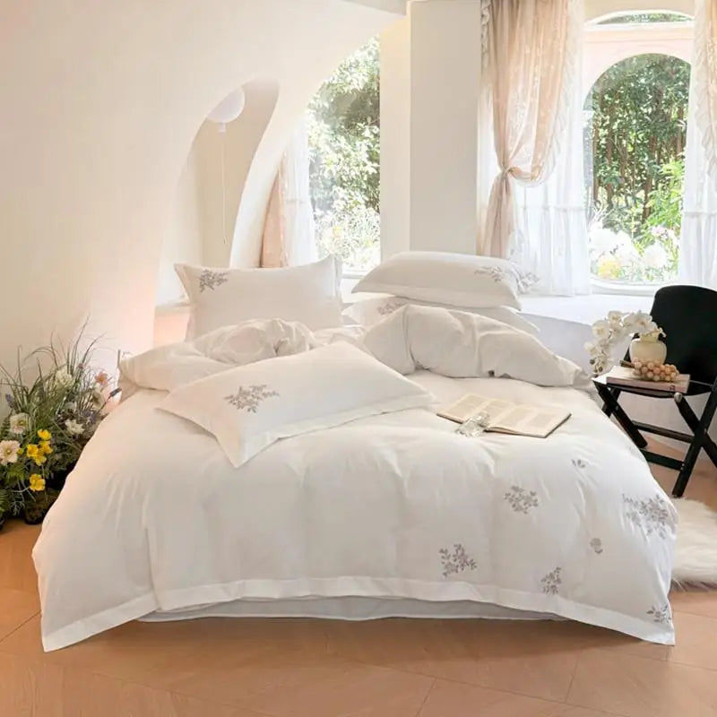 Obbty Pure White Minimalist Style Duvet Cover Set, Elegant Wildflower Embroidered Pretty Botanical Quality Fabric 4Pcs Bedding Set