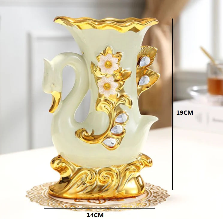 Obbty European style Ceramic Gold Vase Arrangement Dining Table Home Decoration Accessories Creative Golden Swan Vases