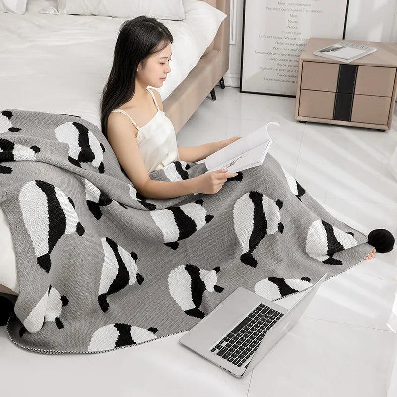 Obbty Home Sofa Bed Decoration Blankets Four Seasons General Office Nap Blanket Modern Minimalist Thin Section Knitted Panda Pattern