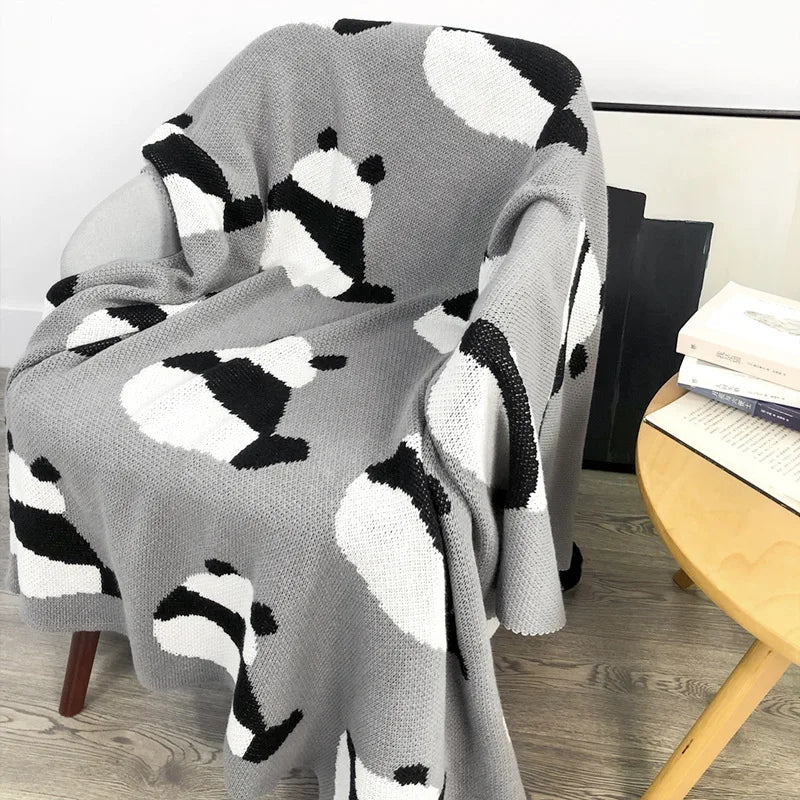 Obbty Home Sofa Bed Decoration Blankets Four Seasons General Office Nap Blanket Modern Minimalist Thin Section Knitted Panda Pattern