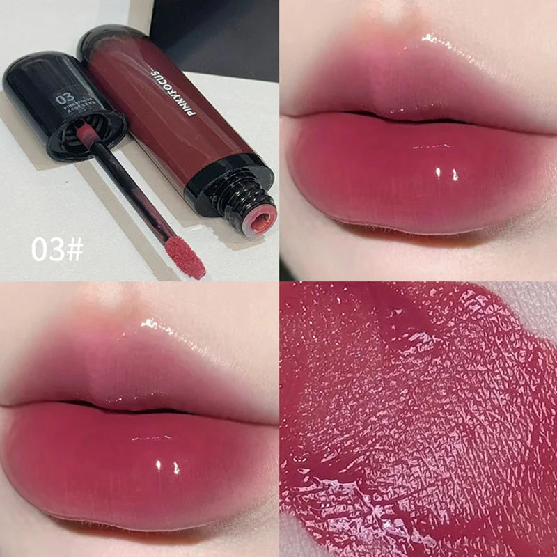 Obbty Red Brown Mirror Lip Glaze Water Light Moisturizing Non-stick Cup Highly Pigmented Red Liquid Lipstick Lip Tint Makeup Cosmetics