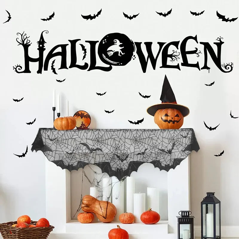 Obbty Halloween Lace Spider Web Tablecloths Black Skull Spider Web Fireplace Curtain Mantel Scarf Event Home Party Table Decorations