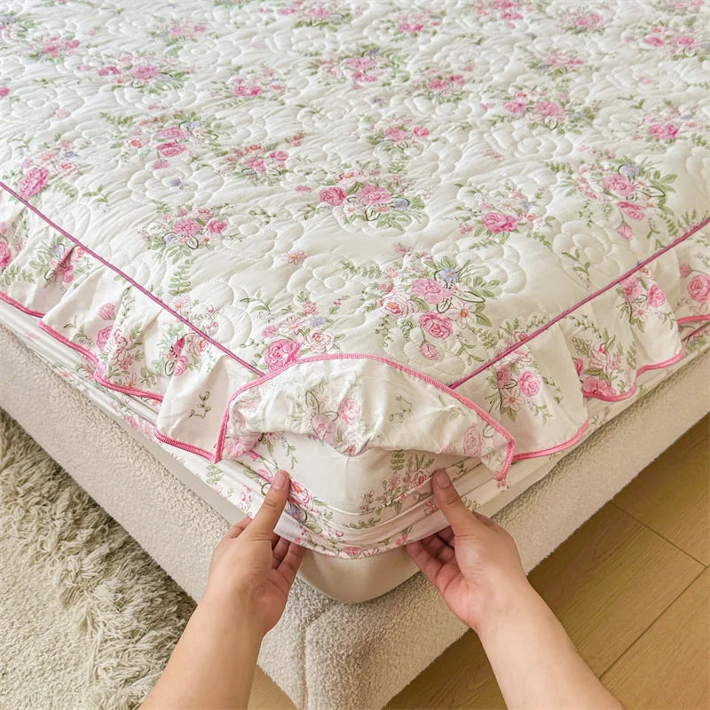 Obbty 100% Cotton Mattress Cover Floral Style Bedspread Thickened Fitted Sheet Lace Bed Linen Quilted Bed Cover (No Pillowcase)