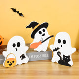 Obbty 3pcs Halloween Wooden Ornament Lovely Ghost Hat Spider Broom Desk Mini Ornaments Halloween Party Wooden Crafts Decor Home Supply